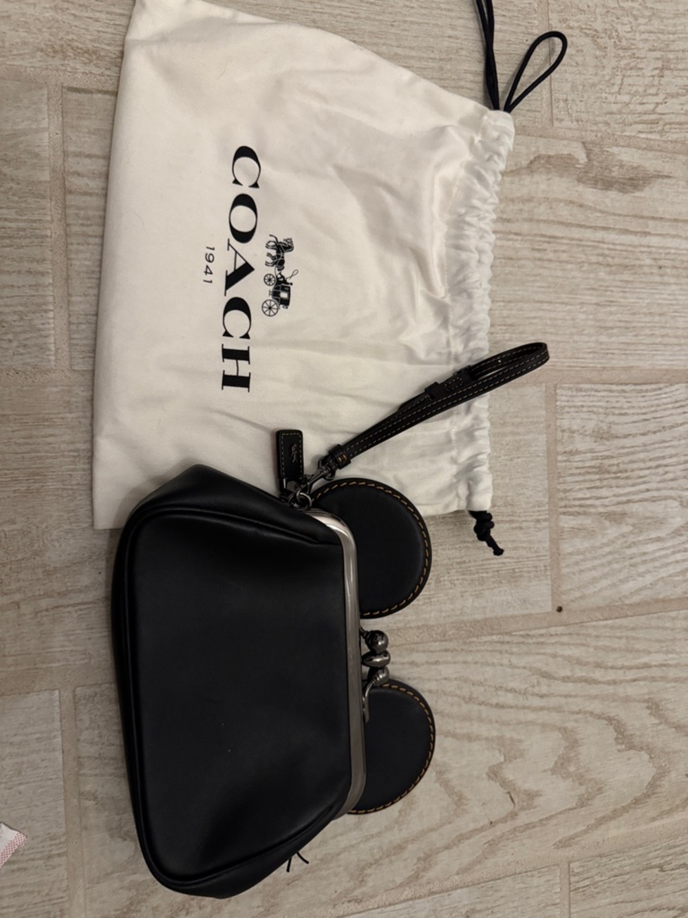 Coach Black Leather Wristlet with Round Coin Pouches